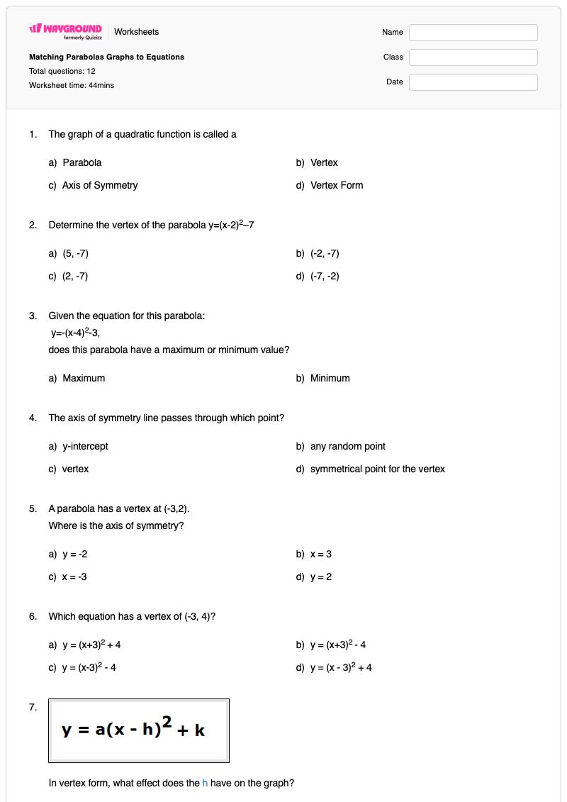 Matching Parabolas Graphs to Equations - Printable Parabola Worksheets - Wayground
