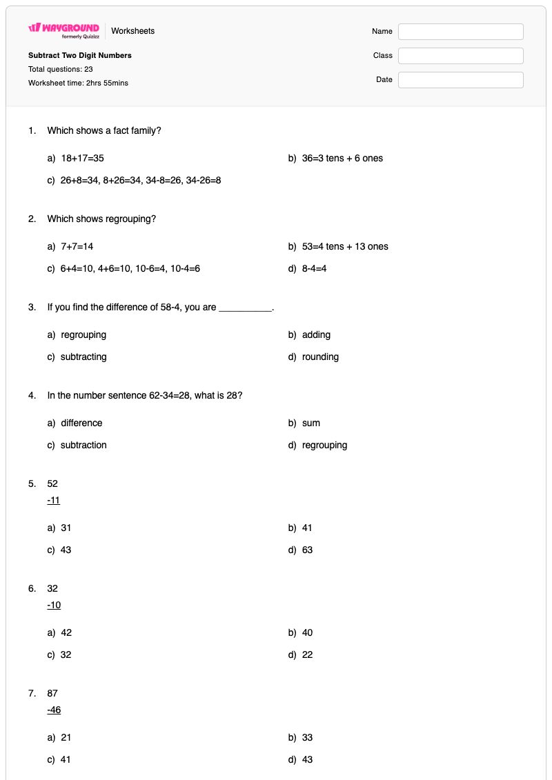 Subtract Two Digit Numbers - Printable Two-digit-subtraction-with-regrouping Worksheets - Wayground
