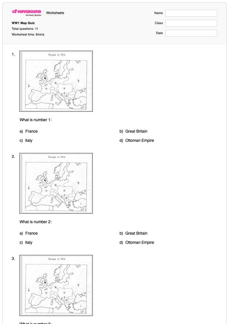WW1 Map Quiz - พิมพ์ได้ World-map เวิร์กชีท - Wayground