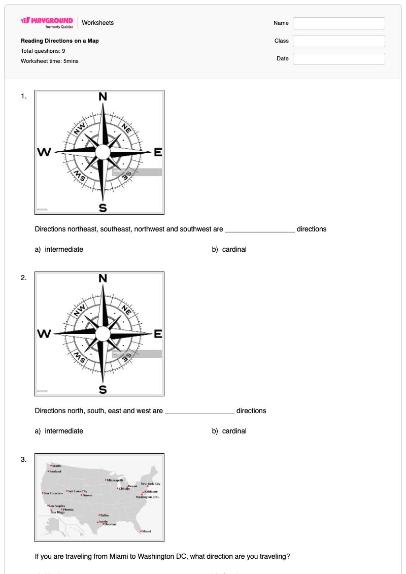 Reading Directions on a Map - Printable Cardinal-and-intermediate-directions Worksheets Grade 4 - Wayground
