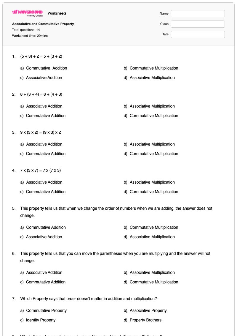Associative and Commutative Property - Printable Distributive-property-of-multiplication Worksheets Grade 8 - Wayground