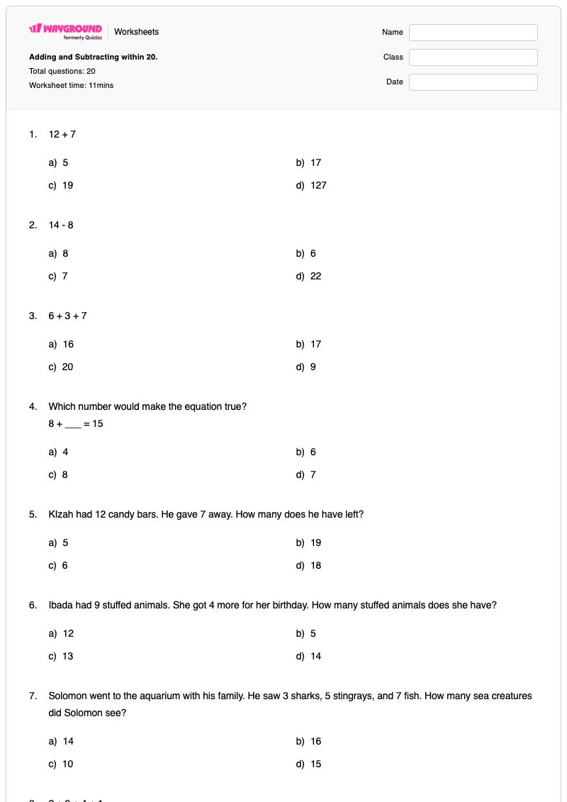 Adding and Subtracting within 20. - Printable Adding-and-subtracting-10s Worksheets Year 1 - Wayground