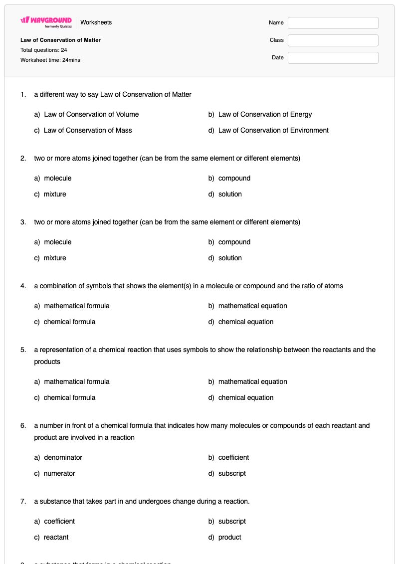 Law of Conservation of Matter - Printable Conservation-of-matter Worksheets - Wayground