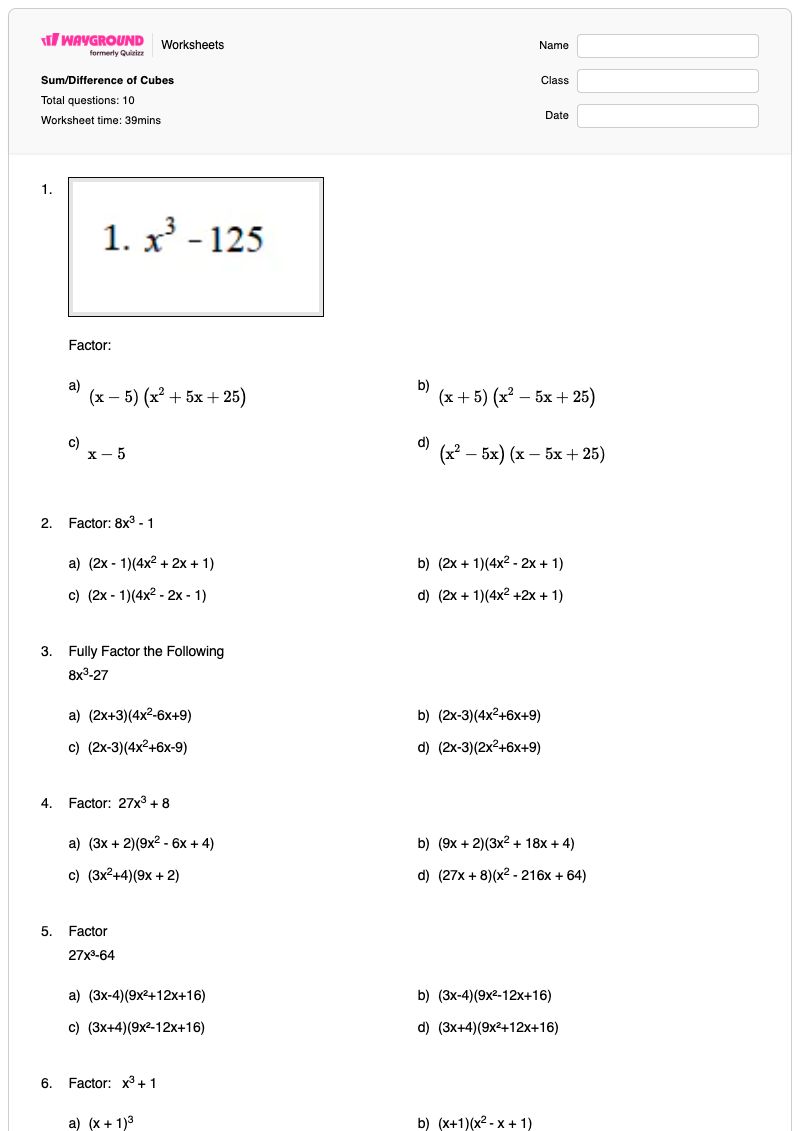 Sum/Difference of Cubes - Printable Algebra-2 Worksheets - Wayground
