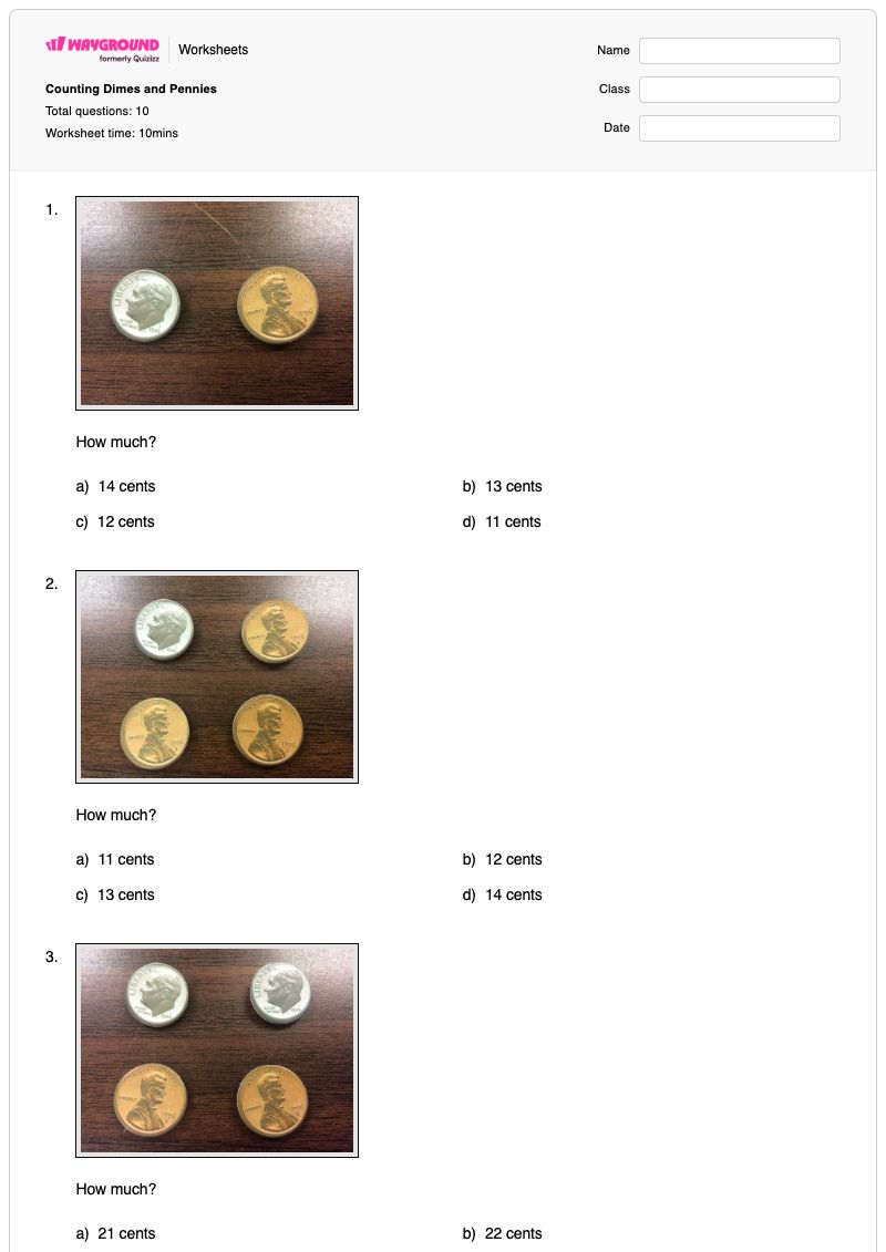 Counting Dimes and Pennies - Printable Pennies Worksheets Year 1 - Wayground