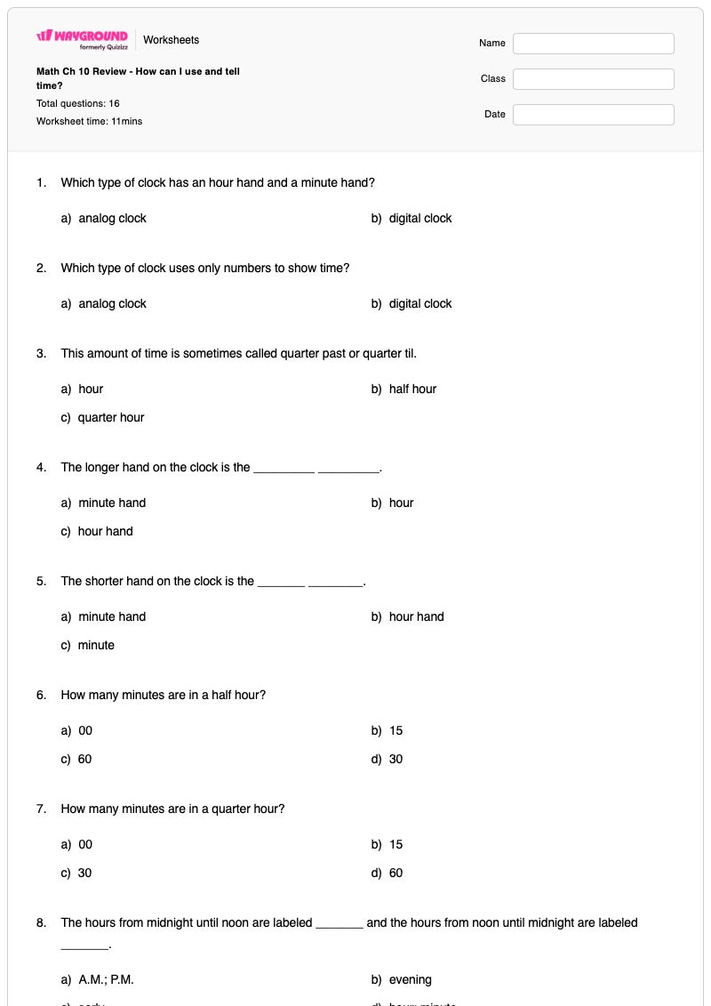Math Ch 10 Review - How can I use and tell time? - Printable Time Worksheets - Wayground