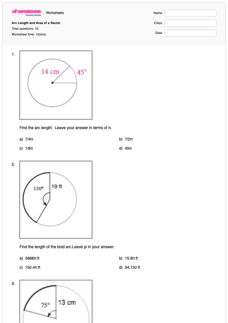Arc Length and Area of a Sector - Printable Arc-lengths-and-sectors Worksheets - Wayground