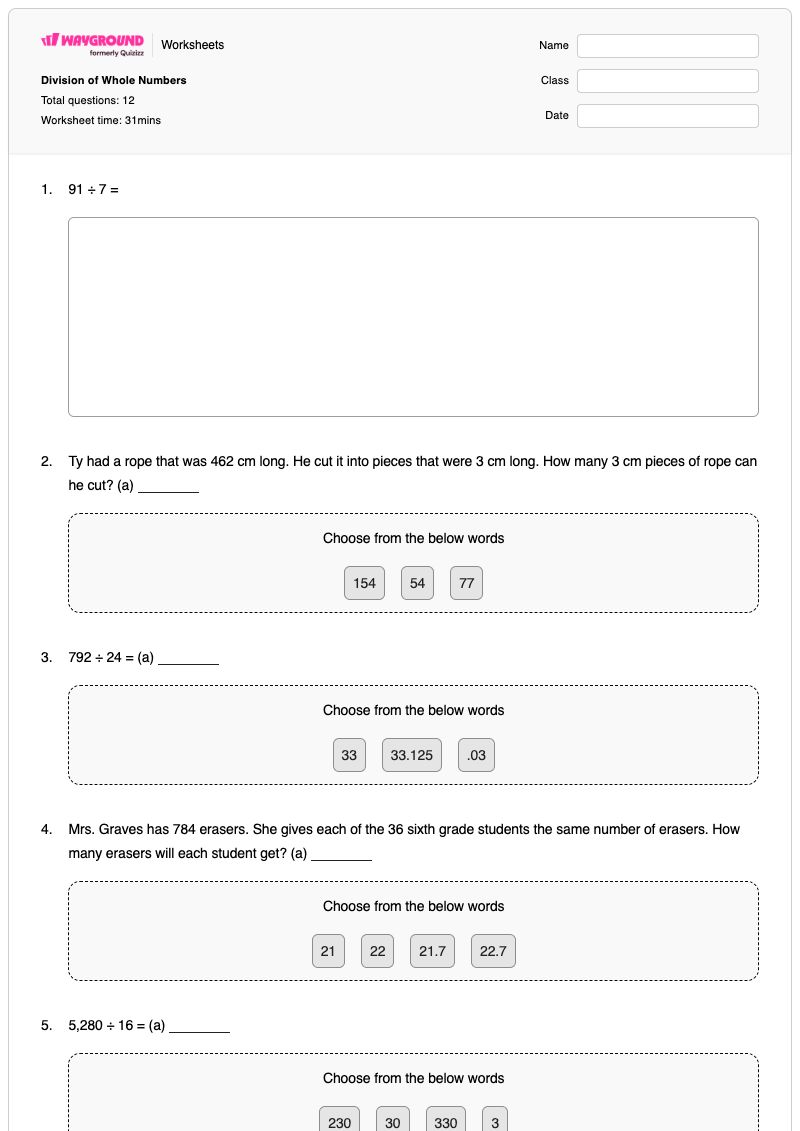 Division of Whole Numbers - Printable Organizing-real-numbers Worksheets Grade 6 - Wayground