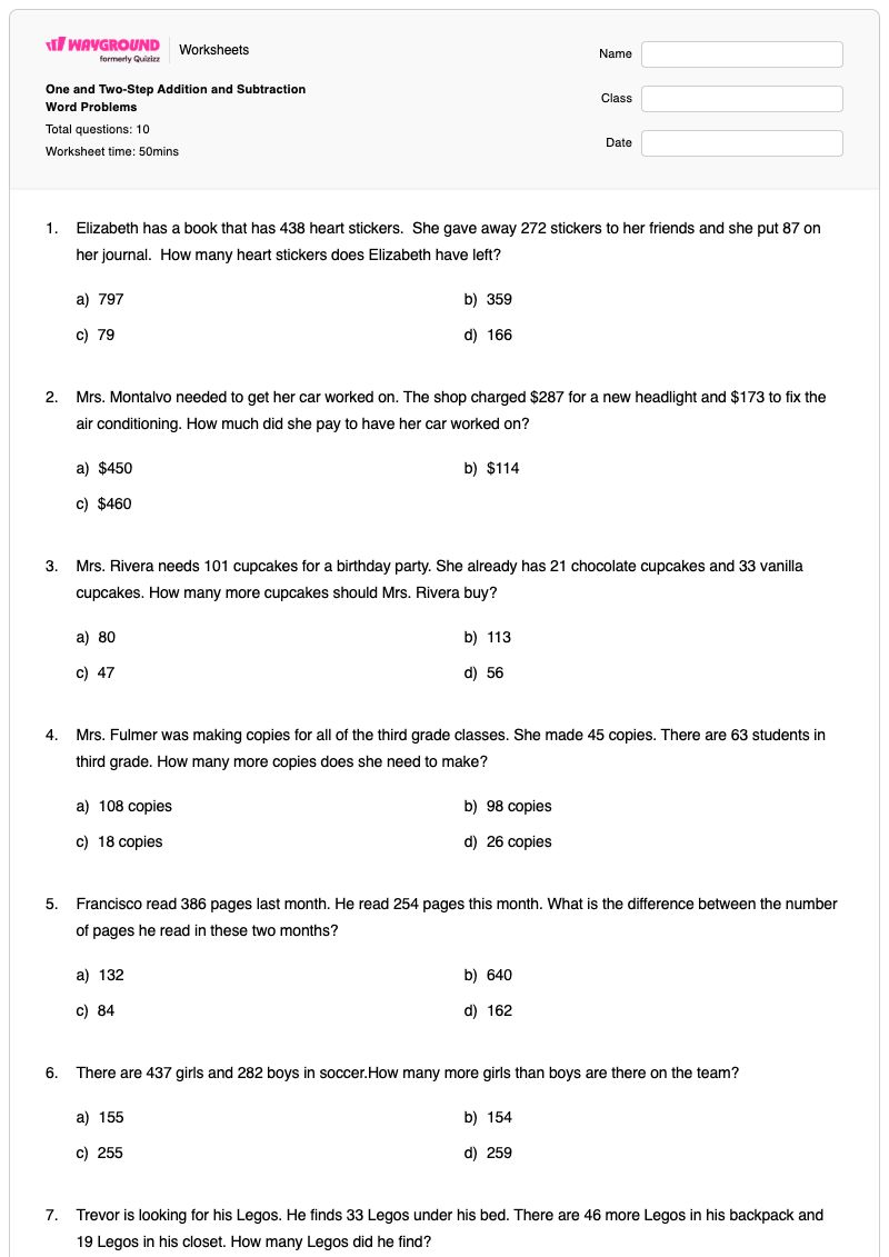 One and Two-Step Addition and Subtraction Word Problems - พิมพ์ได้ โจทย์ปัญหาเกี่ยวกับการลบ เวิร์กชีท - Wayground