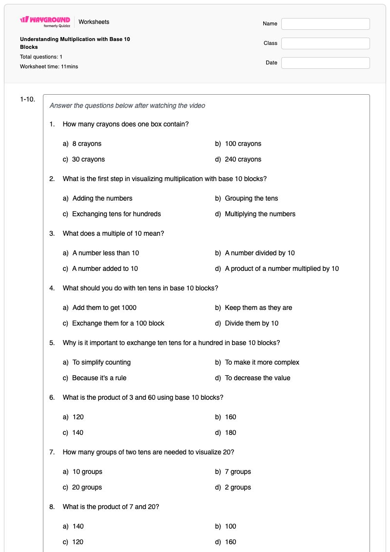 Understanding Multiplication with Base 10 Blocks - Printable Fundamentals-and-building-blocks Worksheets Class 3 - Wayground