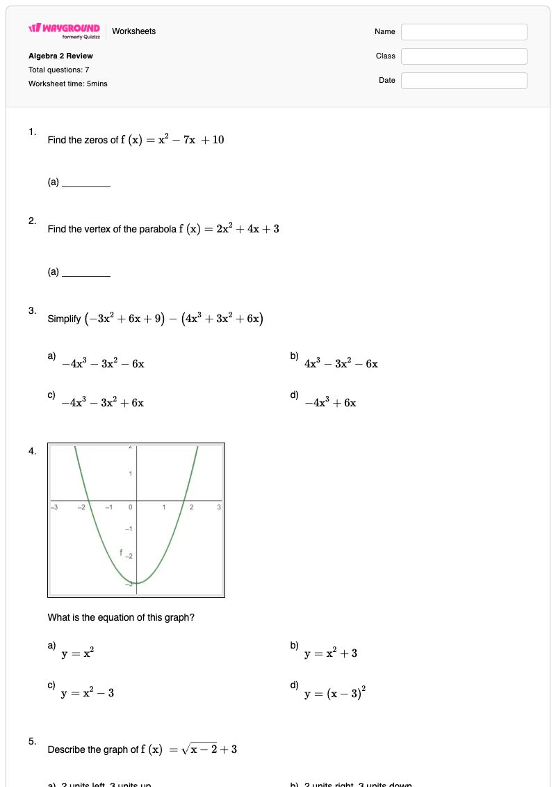 Algebra 2 Review - Printable Algebra-2 Worksheets - Wayground