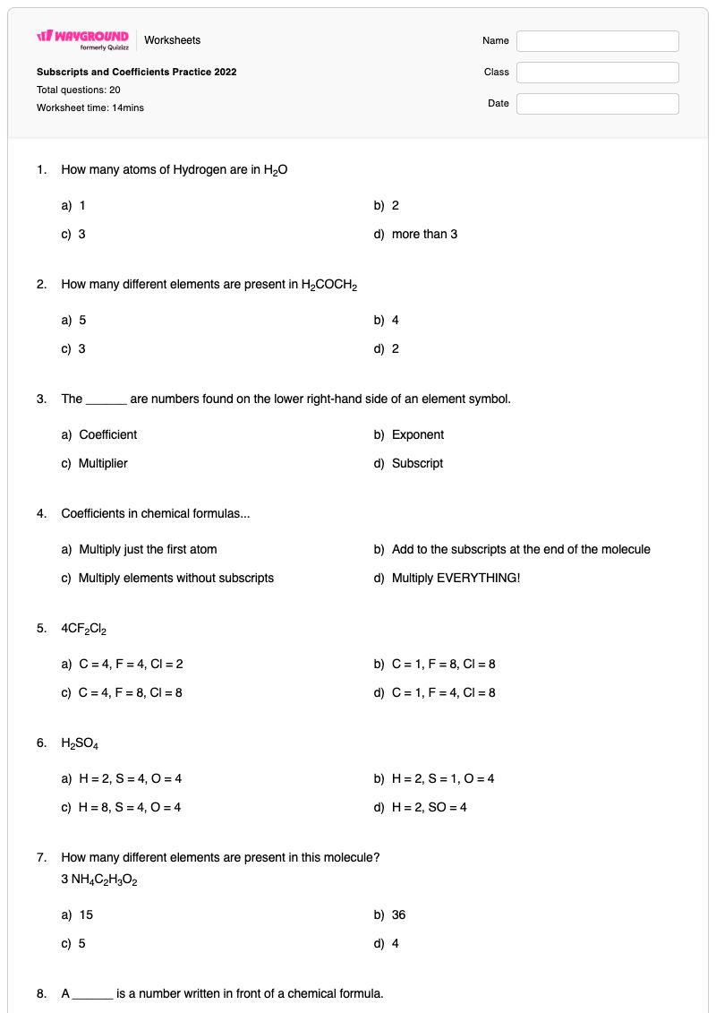 Subscripts and Coefficients Practice 2022 - พิมพ์ได้ Counting-atoms-in-compounds เวิร์กชีท - Wayground