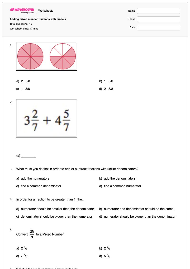 Adding mixed number fractions with models - พิมพ์ได้ Least-common-denominator เวิร์กชีท ระดับ 4 - Wayground