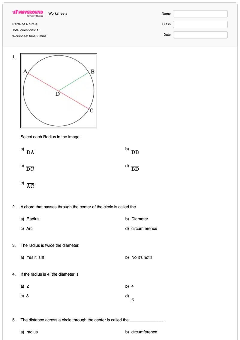 Parts of a circle - พิมพ์ได้ ส่วนต่างๆ-ของวงกลม เวิร์กชีท ระดับ 10 - Wayground