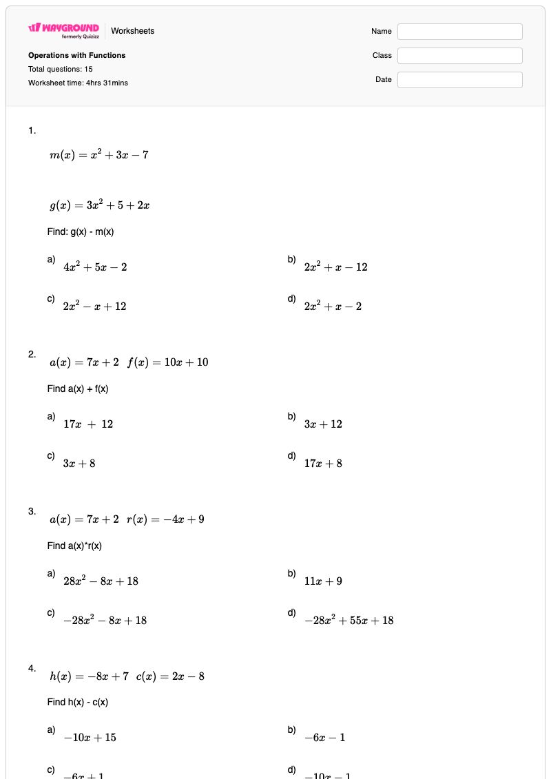 Operations with Functions - Printable Functions-operations Worksheets - Wayground