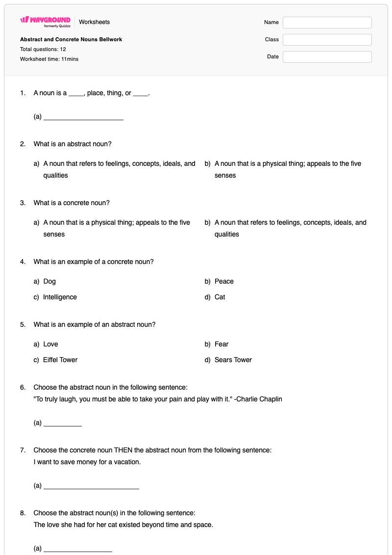 Abstract and Concrete Nouns Bellwork - Printable Abstract-nouns Worksheets Grade 6 - Wayground