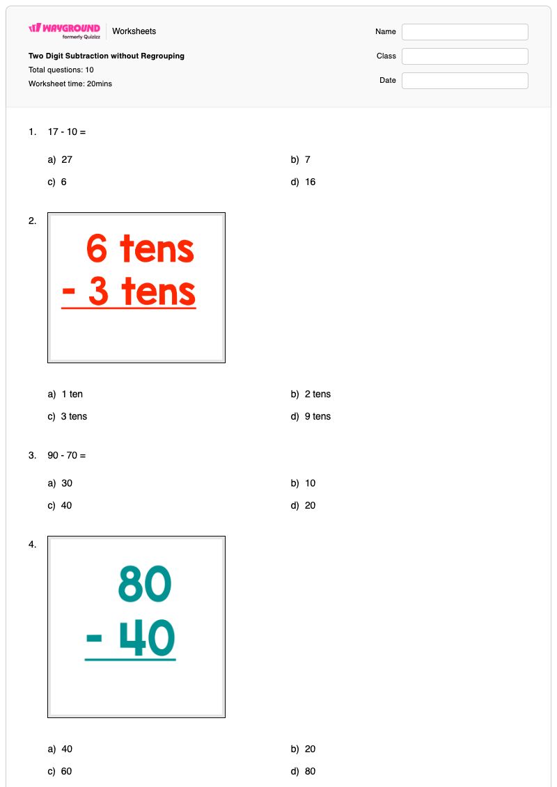 Two Digit Subtraction without Regrouping - Printable Two-digit-subtraction-with-regrouping Worksheets - Wayground