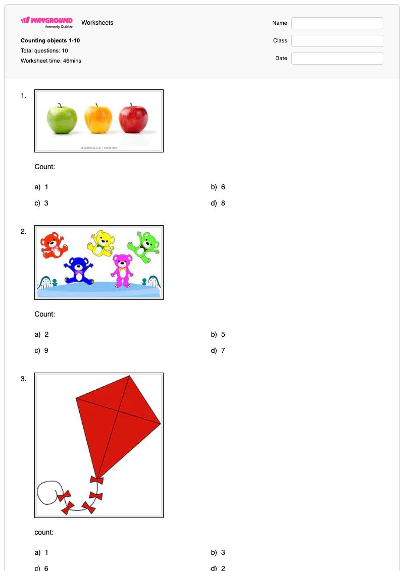 Counting objects 1-10 - พิมพ์ได้ Object-counting เวิร์กชีท - Wayground