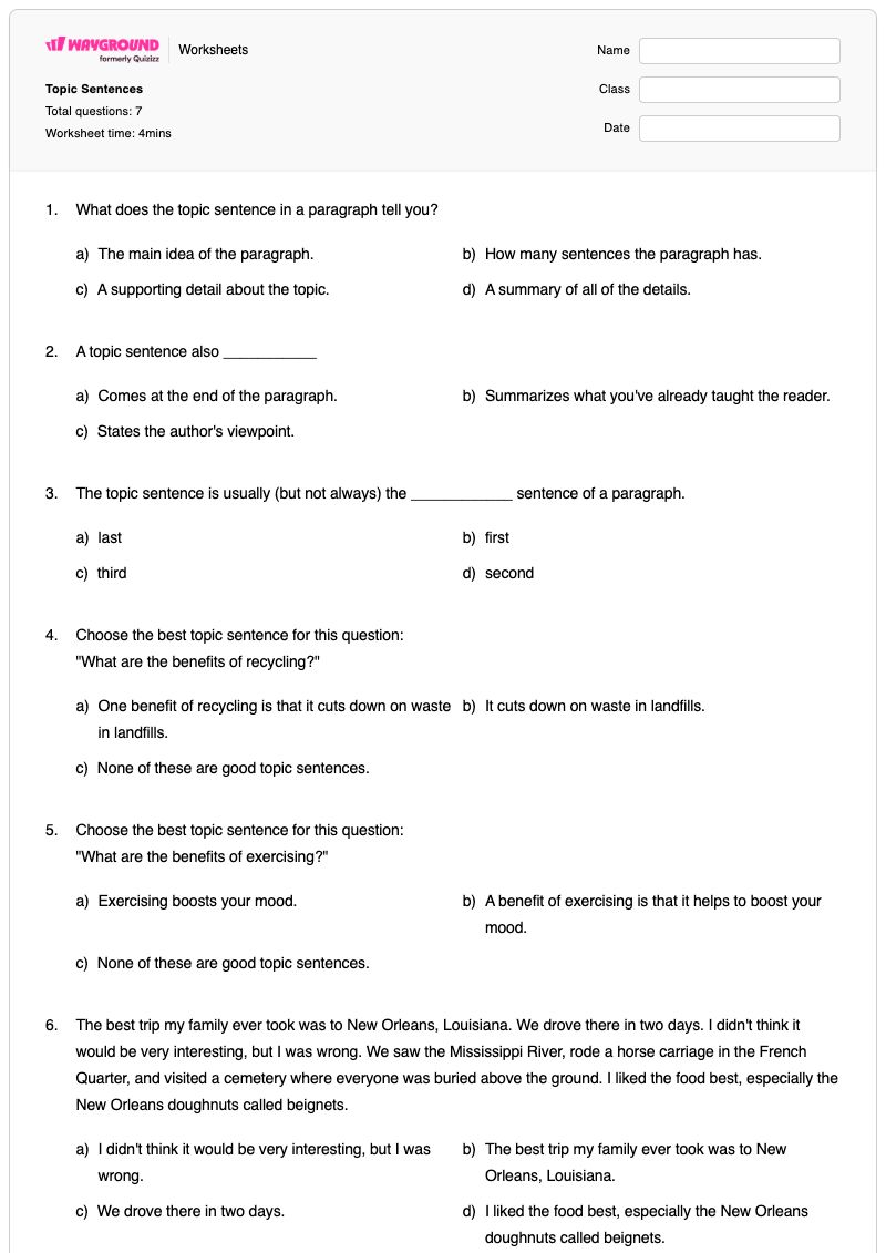 Topic Sentences - พิมพ์ได้ Topic-sentence เวิร์กชีท ระดับ 6 - Wayground