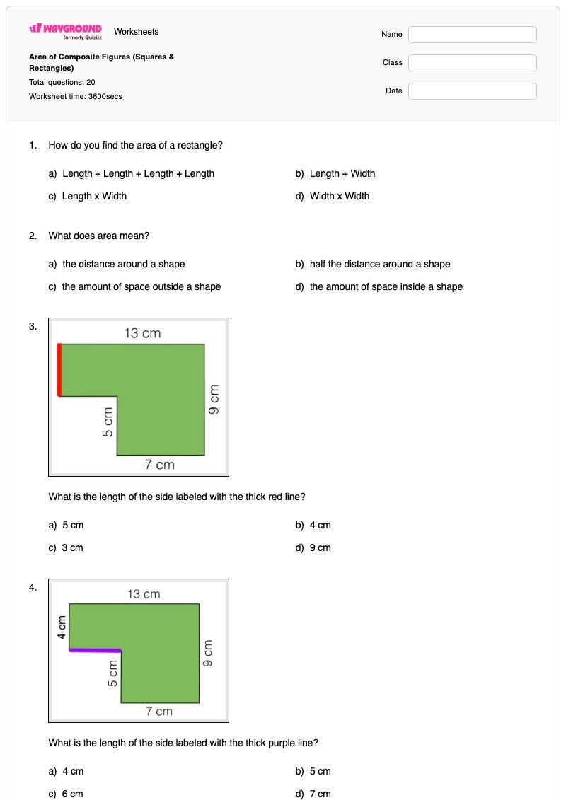 Area of Composite Figures (Squares & Rectangles) - Printable Area-of-compound-figures Worksheets Grade 6 - Wayground