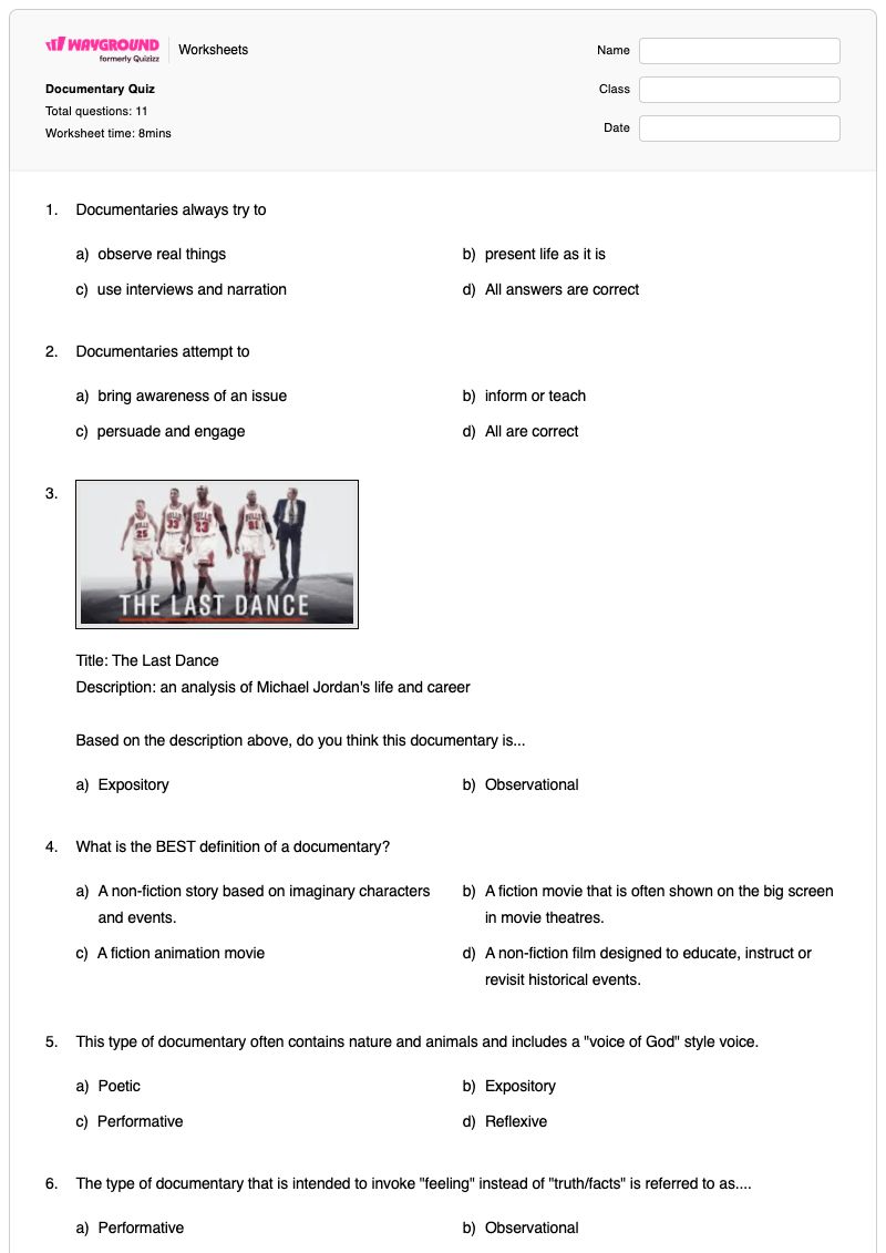 Documentary Quiz - Printable Movie-analysis Worksheets Grade 8 - Wayground