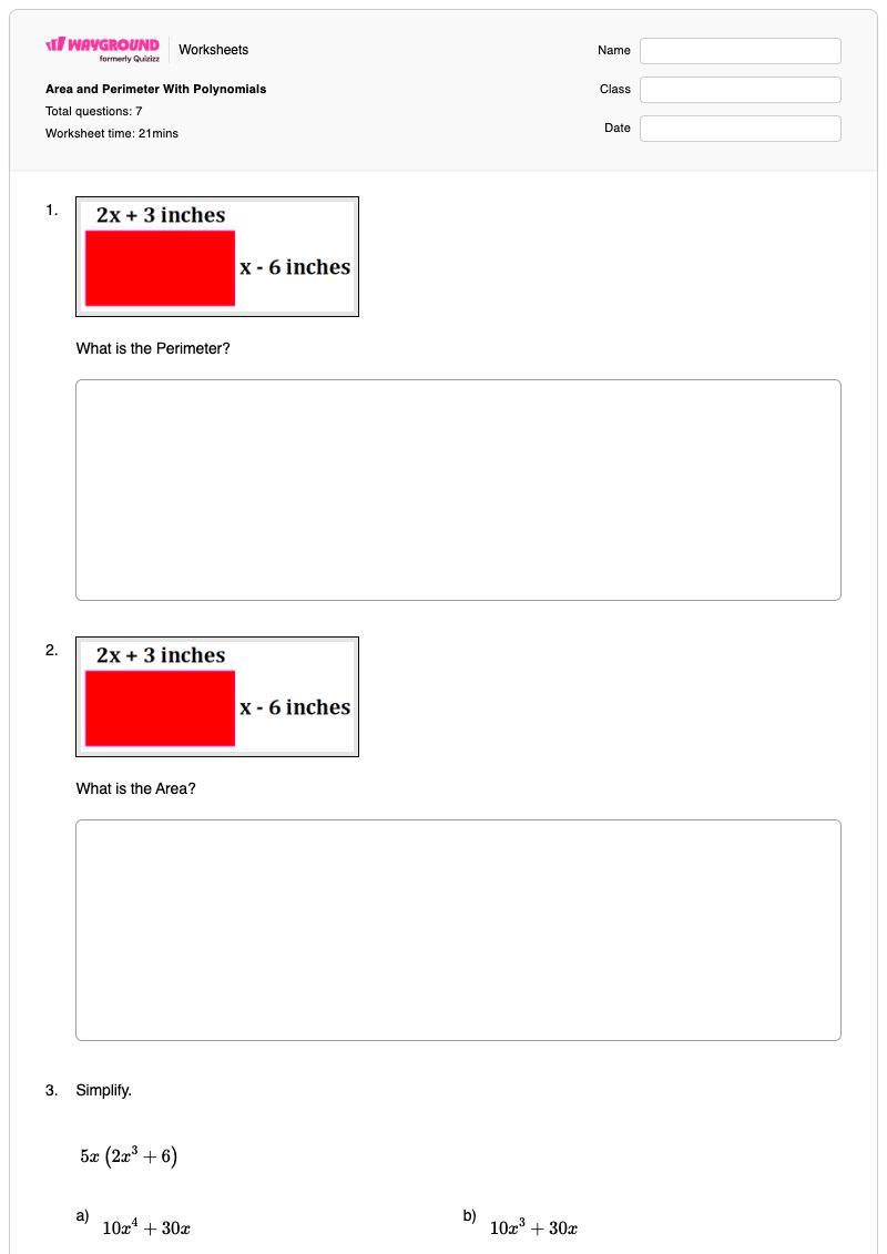 Area and Perimeter With Polynomials - พิมพ์ได้ พื้นที่และปริมณฑล เวิร์กชีท - Wayground