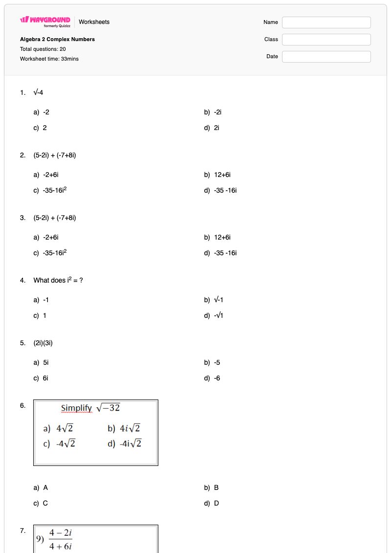 Algebra 2 Complex Numbers - Printable Algebra-2 Worksheets - Wayground