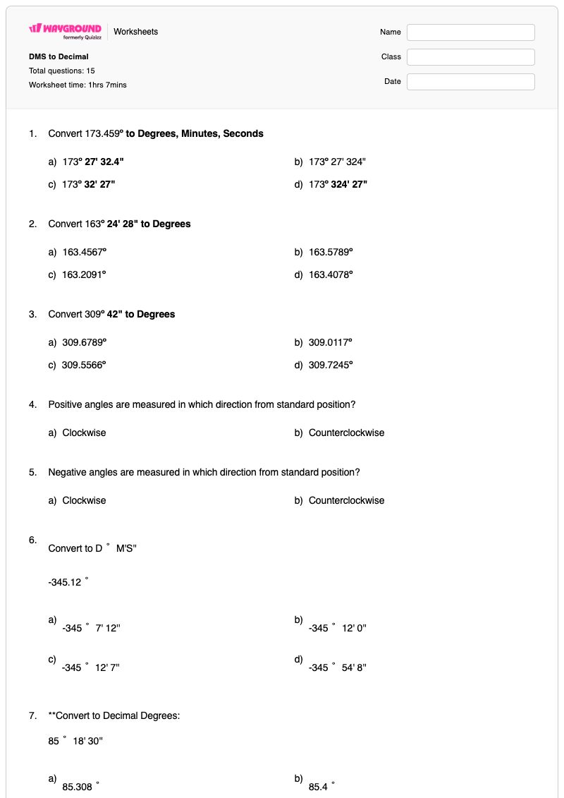DMS to Decimal - Printable Convert-degrees-minutes-and-seconds-to-decimal Worksheets Class 12 - Wayground