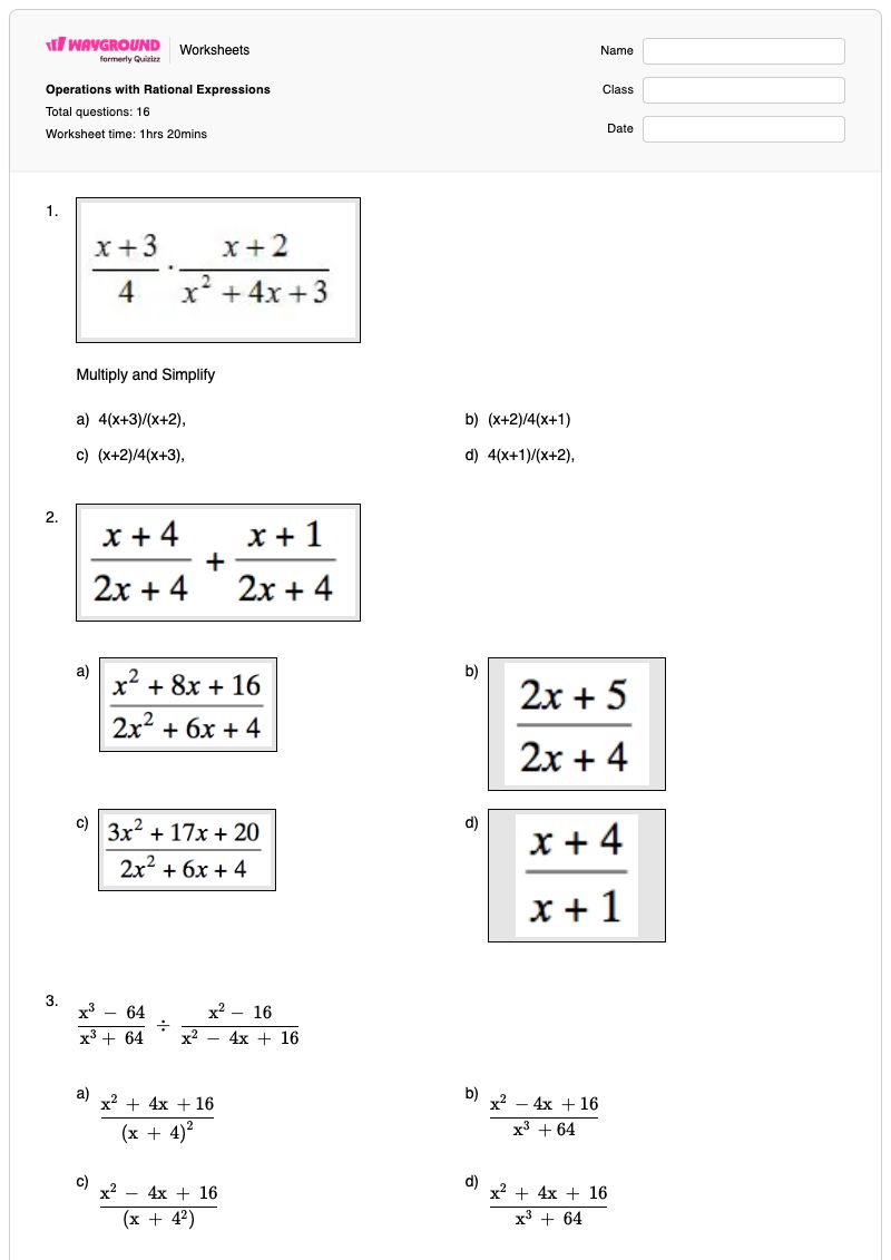 Operations with Rational Expressions - พิมพ์ได้ การแสดงออก เวิร์กชีท - Wayground