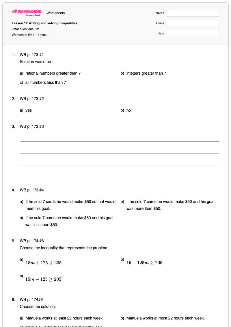 Lesson 17 Writing and solving inequalities - พิมพ์ได้ การแก้สมการอสมการ เวิร์กชีท ระดับ 7 - Wayground