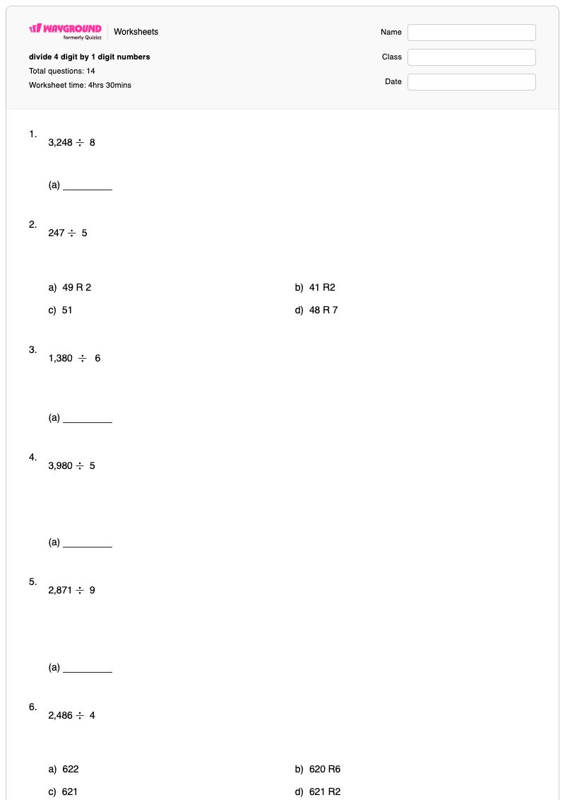 divide 4 digit by 1 digit numbers - Printable Division Worksheets - Wayground