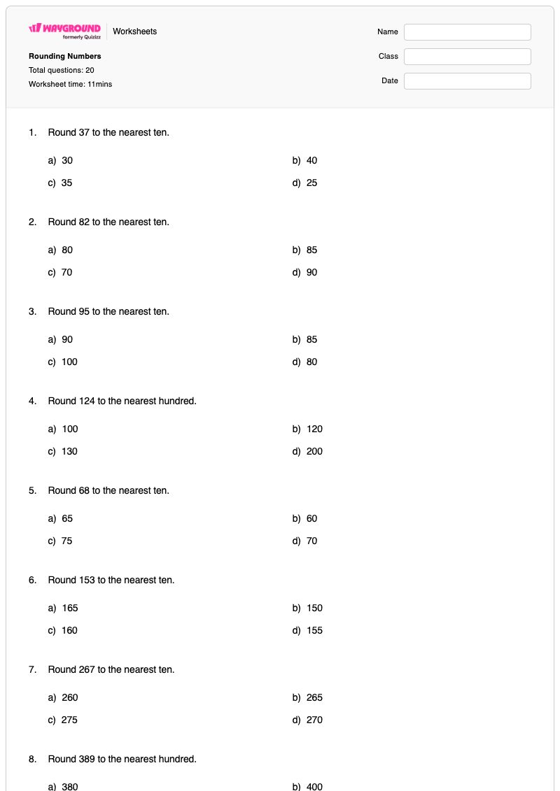 Rounding Numbers - Printable Letters-and-numbers Worksheets Grade 3 - Wayground