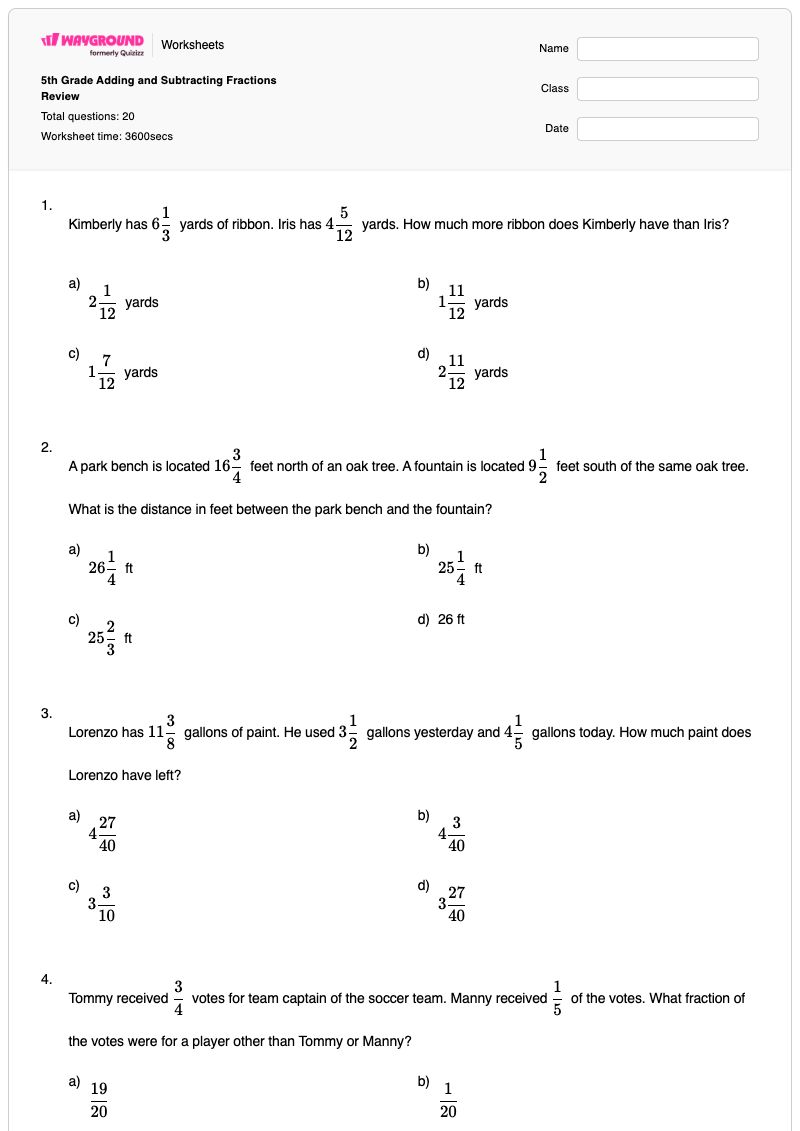 5th Grade Adding and Subtracting Fractions Review - พิมพ์ได้ Addition-and-subtraction เวิร์กชีท - Wayground