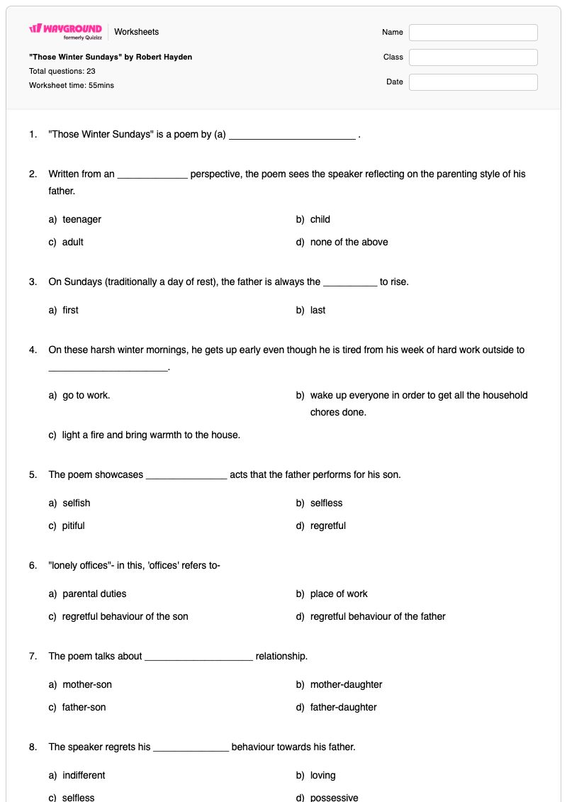 "Those Winter Sundays" by Robert Hayden - Printable Poem-analysis Worksheets Year 10 - Wayground