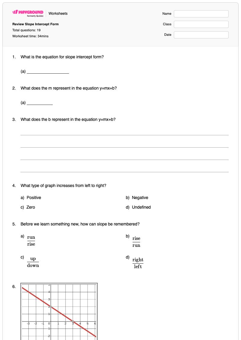 Review Slope Intercept Form  - พิมพ์ได้ รูปแบบความชัน-จุดตัดแกน เวิร์กชีท - Wayground
