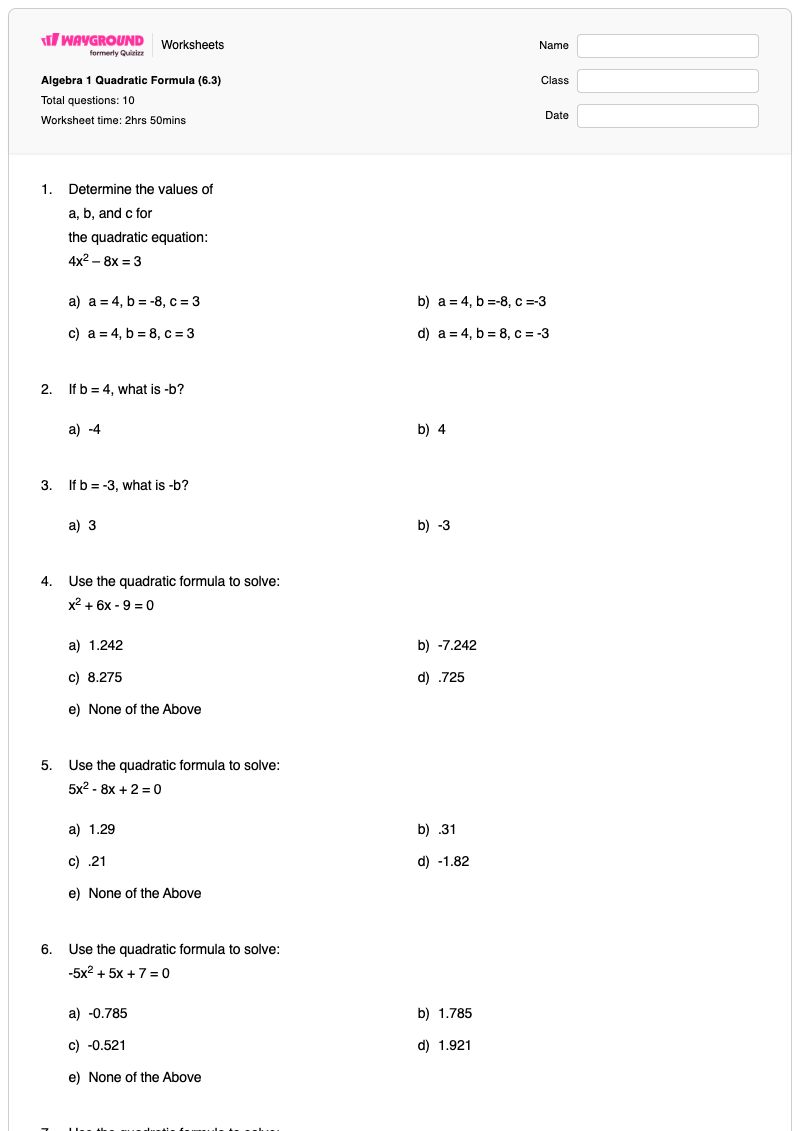 Algebra 1 Quadratic Formula (6.3) - Printable Algebra Worksheets - Wayground