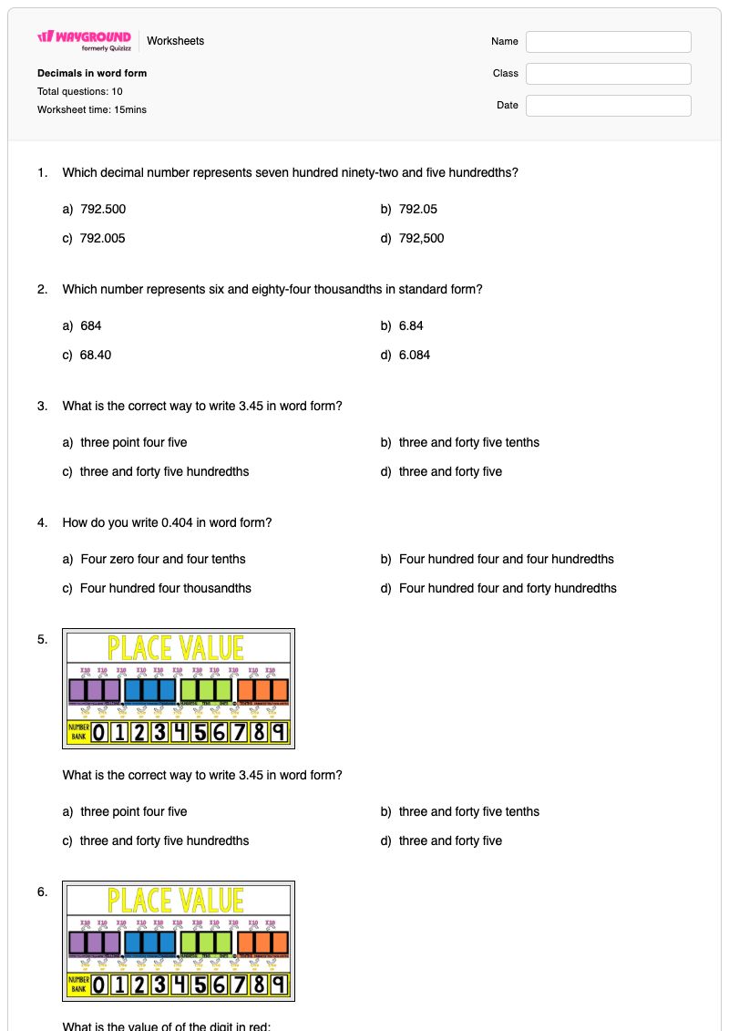 Decimals in word form - Printable Word-form Worksheets Kindergarten - Wayground