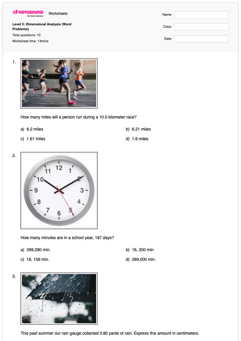 Level 2: Dimensional Analysis (Word Problems) - พิมพ์ได้ Dimensional-analysis เวิร์กชีท - Wayground