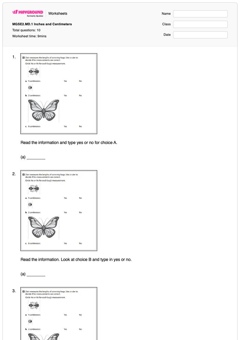 MGSE2.MD.1 Inches and Centimeters - พิมพ์ได้ Measurement-tools-and-strategies เวิร์กชีท ระดับ 1 - Wayground