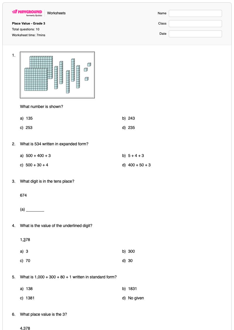 Place Value - Grade 3 - Printable Place-value-in-millions Worksheets Grade 3 - Wayground