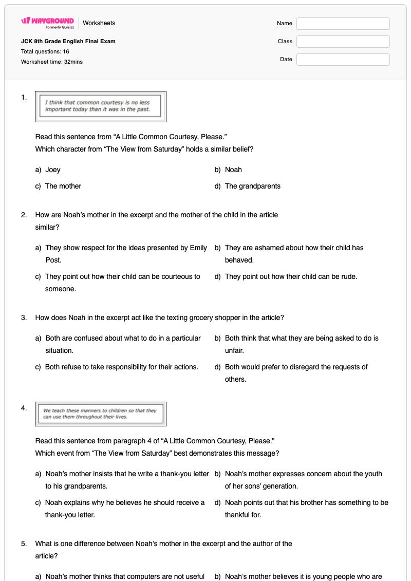 JCK 8th Grade English Final Exam - พิมพ์ได้ การอ่าน เวิร์กชีท ระดับ 8 - Wayground