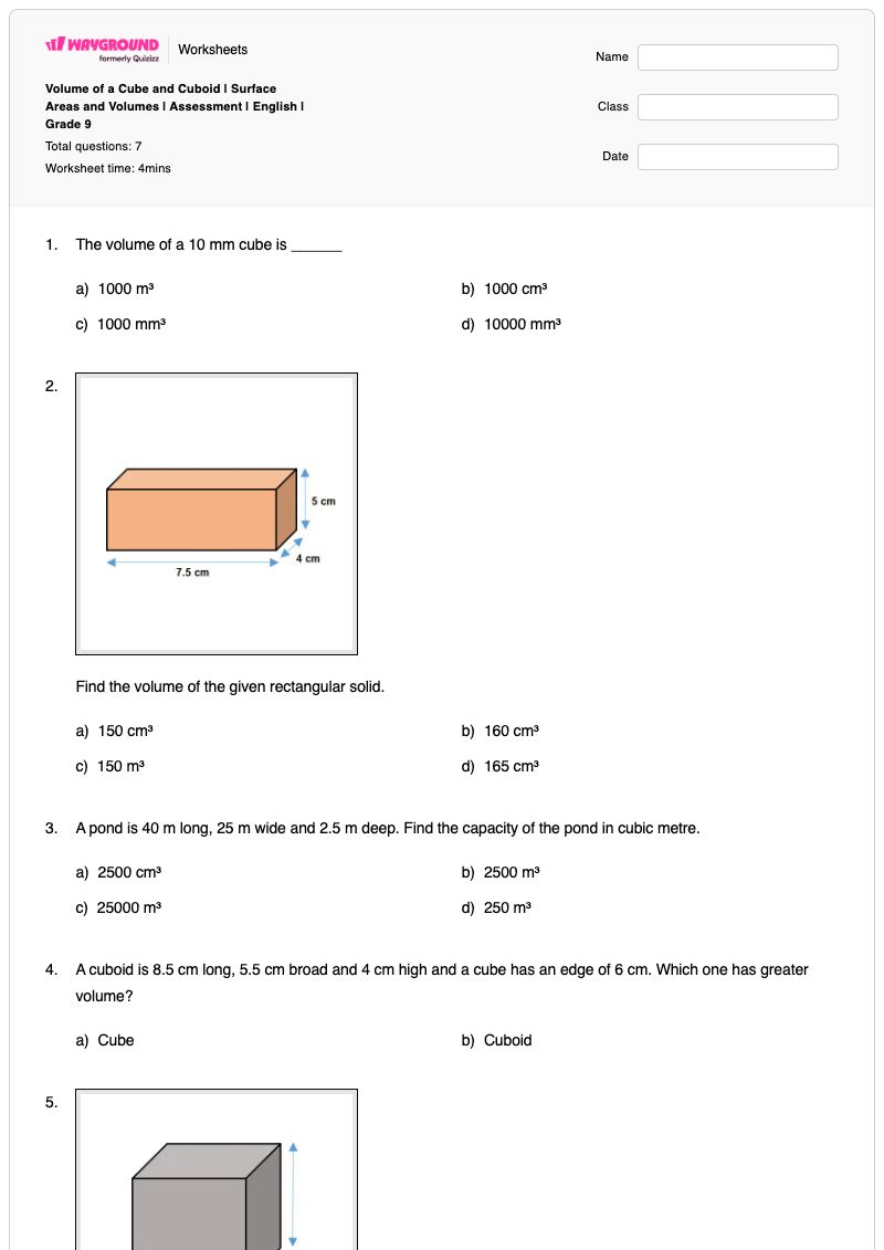 Volume of a Cube and Cuboid | Surface Areas and Volumes | Assessment | English | Grade 9 - Printable Volume-and-surface-area Worksheets - Wayground