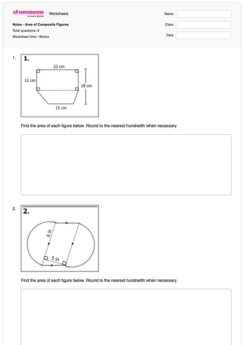 Notes - Area of Composite Figures - พิมพ์ได้ พื้นที่ของบริเวณที่แรเงา เวิร์กชีท - Wayground