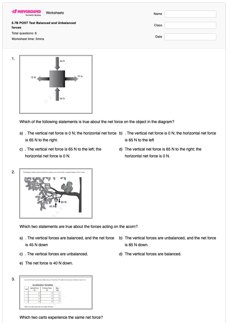 6.7B POST Test Balanced and Unbalanced forces  - Printable Balance-in-nature Worksheets Year 8 - Wayground
