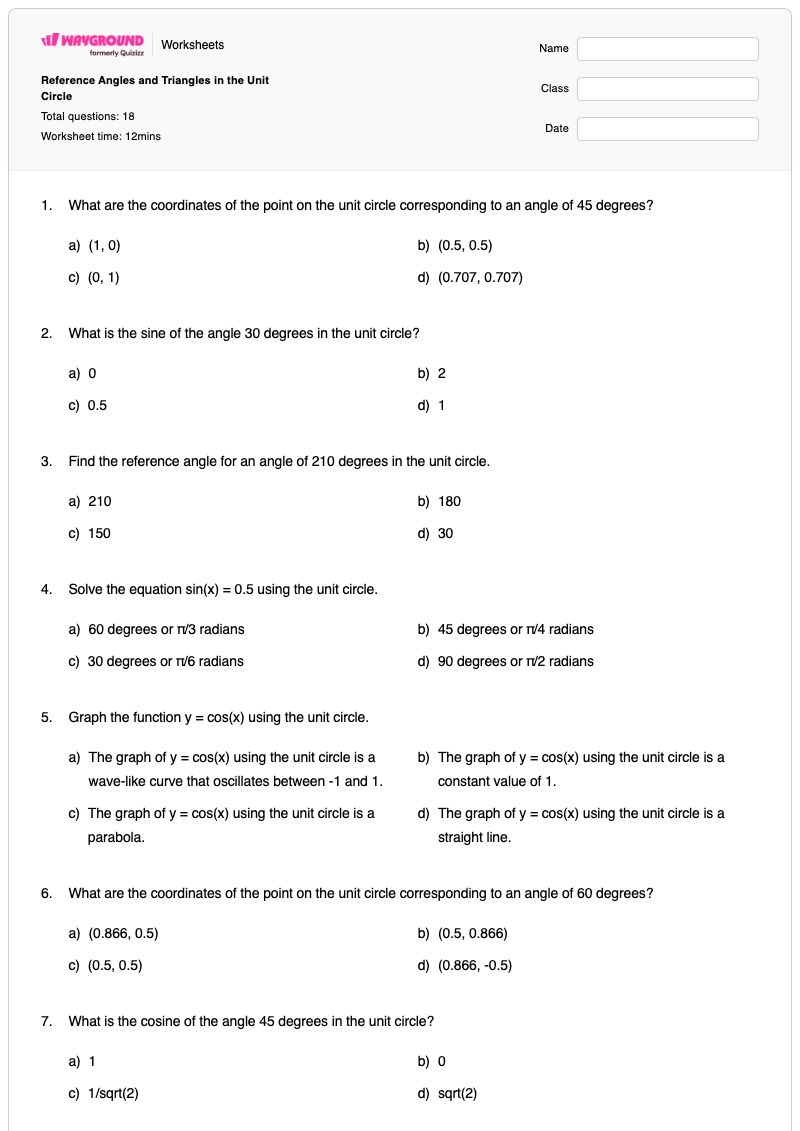 Reference Angles and Triangles in the Unit Circle  - พิมพ์ได้ Reference-angle เวิร์กชีท - Wayground