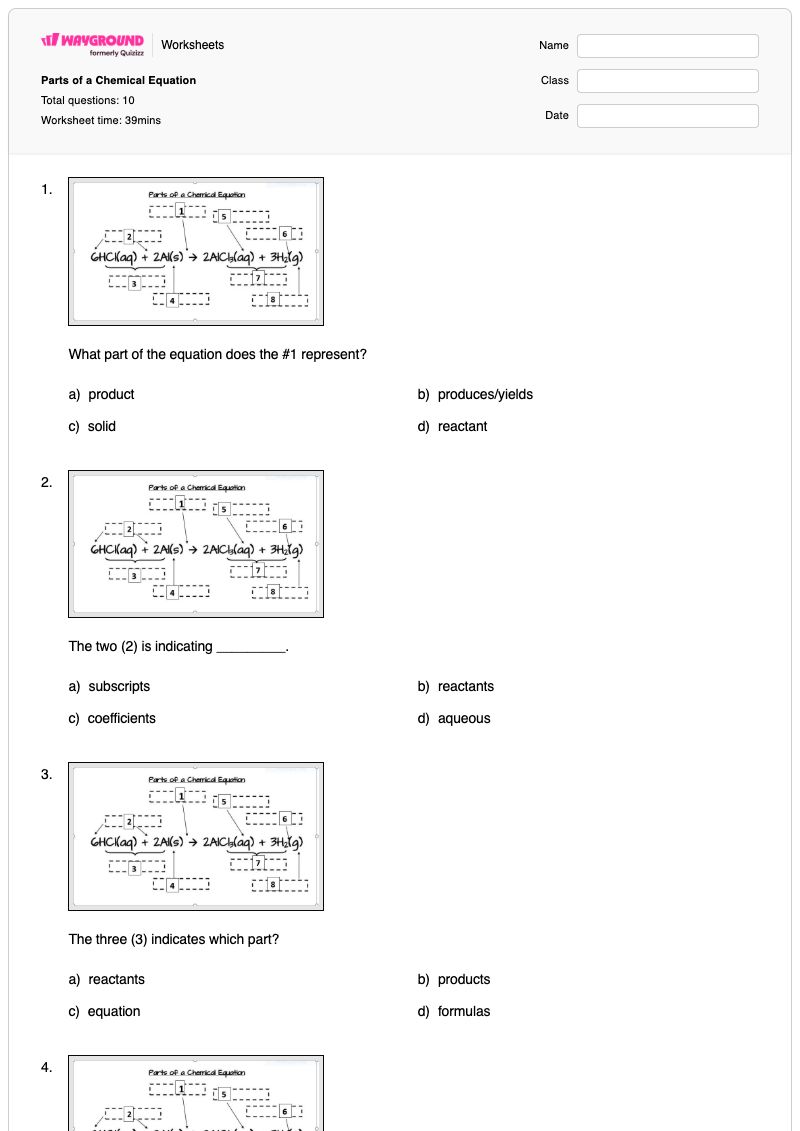 Parts of a Chemical Equation - Printable Chemical-equations Worksheets - Wayground