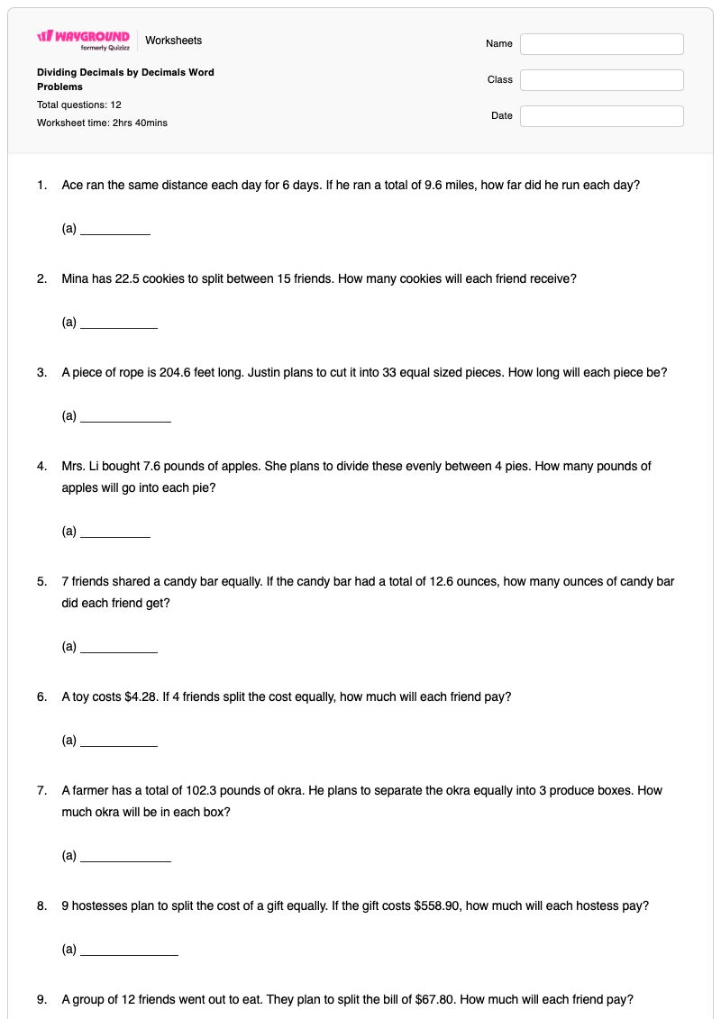 Dividing Decimals by Decimals Word Problems - พิมพ์ได้ Decimal-word-problems เวิร์กชีท - Wayground