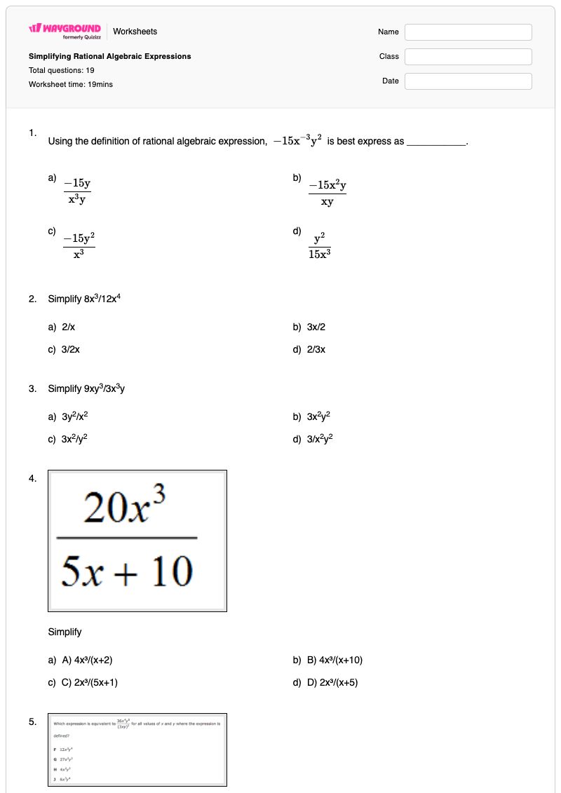 Simplifying Rational Algebraic Expressions - พิมพ์ได้ การแสดงออก เวิร์กชีท - Wayground