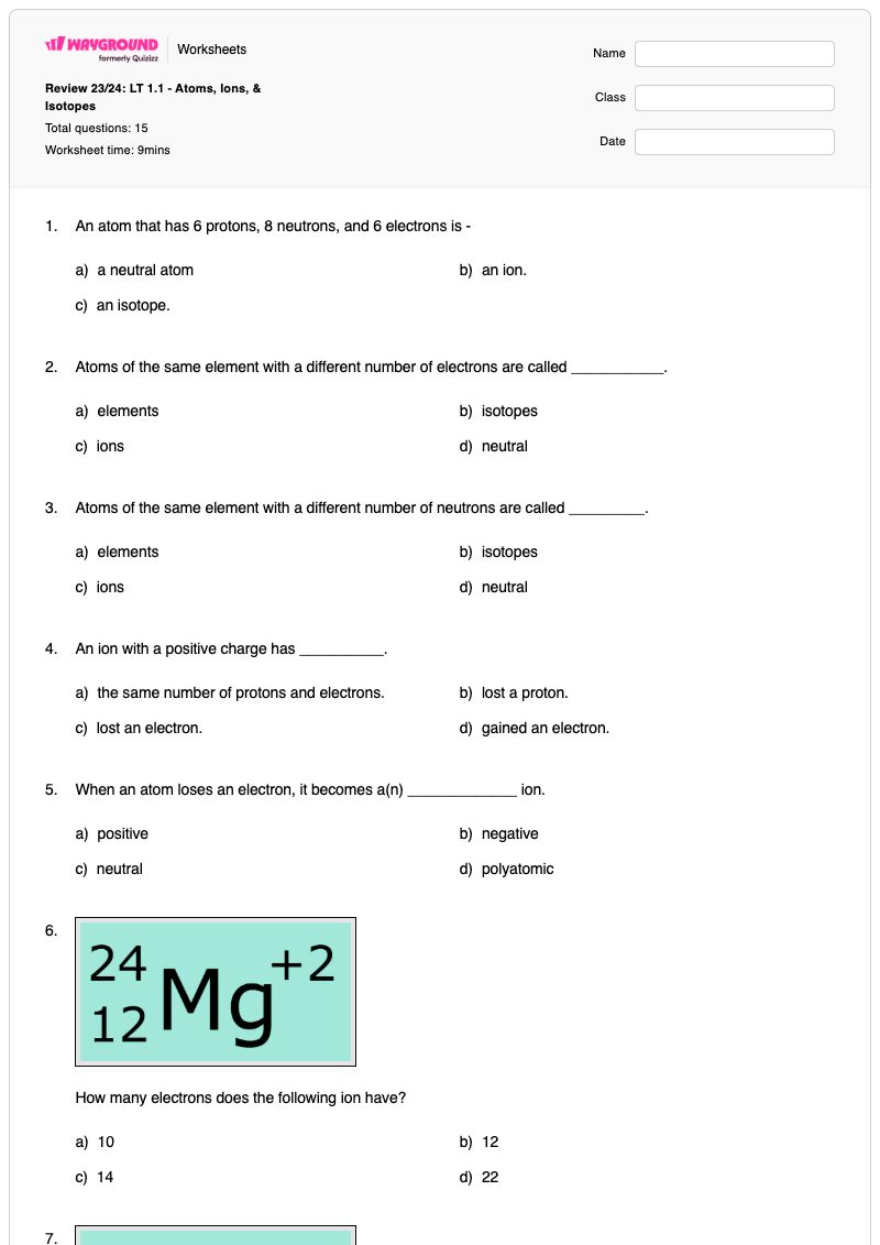 Review 23/24: LT 1.1 - Atoms, Ions, & Isotopes - Printable Ions-and-atoms Worksheets Class 11 - Wayground