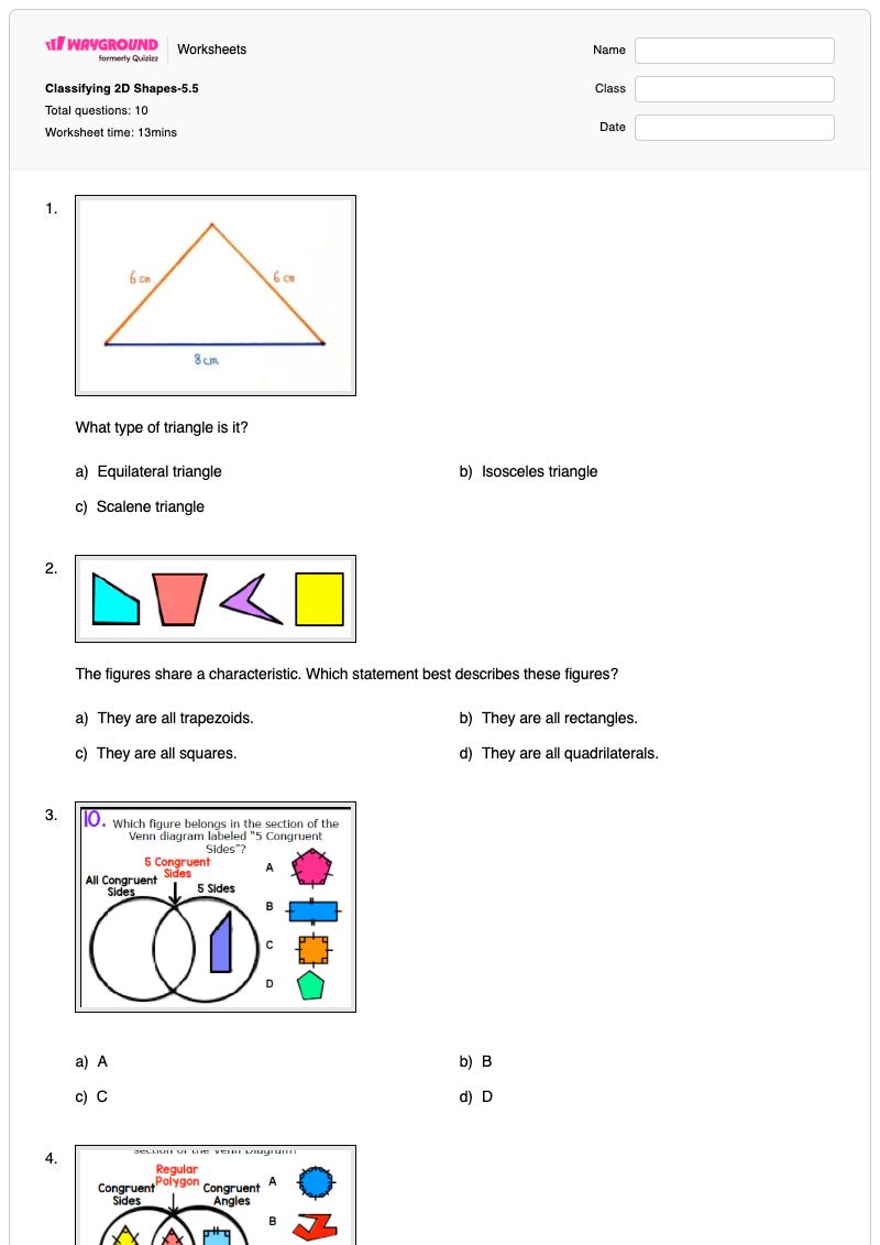Classifying 2D Shapes-5.5 - พิมพ์ได้ การจำแนกประเภทสามเหลี่ยม เวิร์กชีท - Wayground